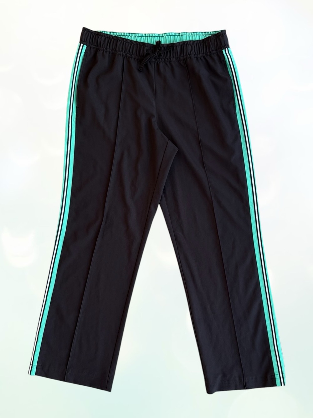 Sporty Black and Teal Dual Side Striped High-Rise Track Pants ~ Women’s Medium